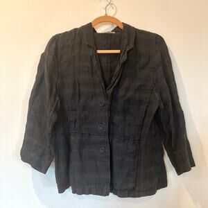 Eileen Fisher 100% linen collared v neck button down blouse black L 3/4 sleeve